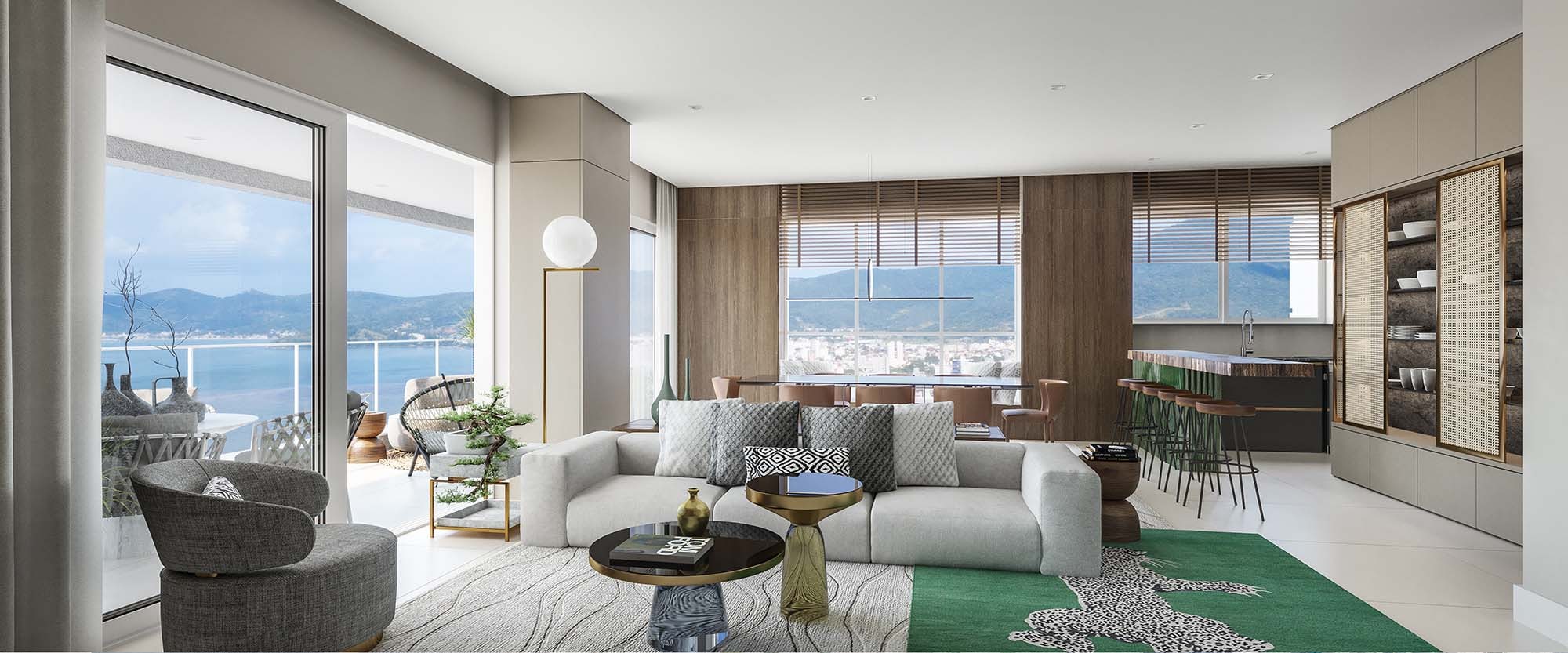 Living e cozinha integrada de apartamento do L'Atelier Concept Homes