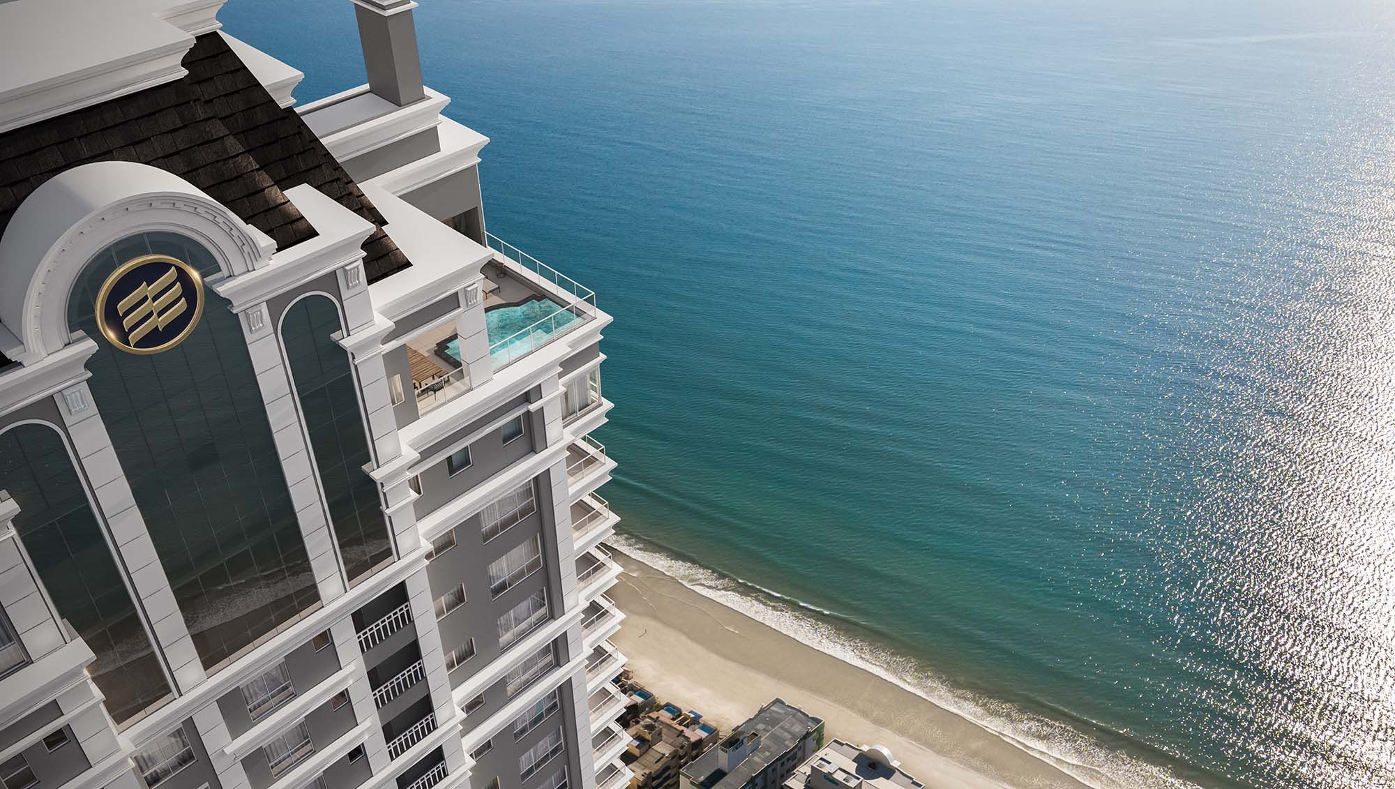 Vista aérea da torre L'Atelier Concept Homes junto ao mar de Meia Praia, Itapema