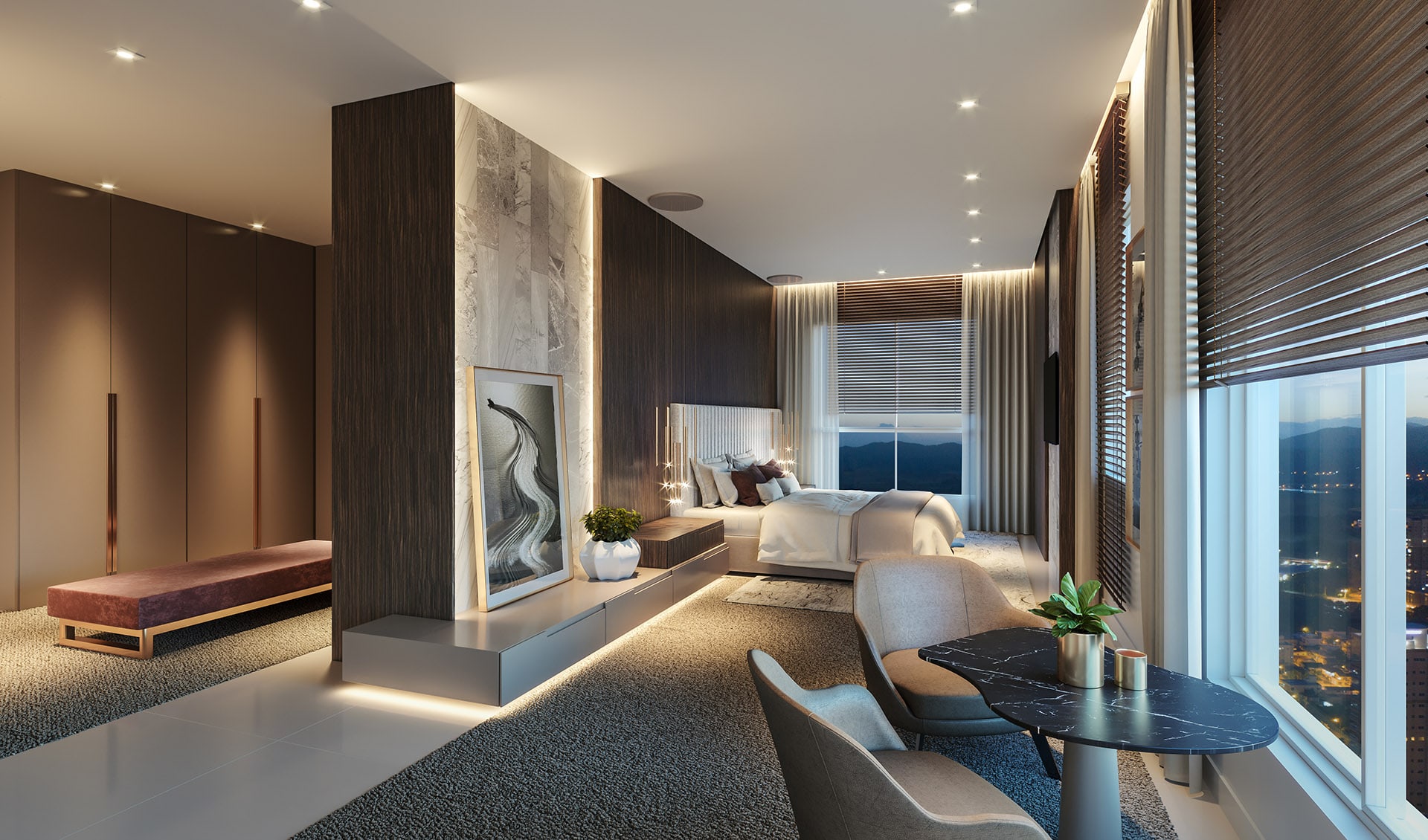 Suíte master do L'Atelier Concept Homes, com closet integrado e vista noturna da cidade